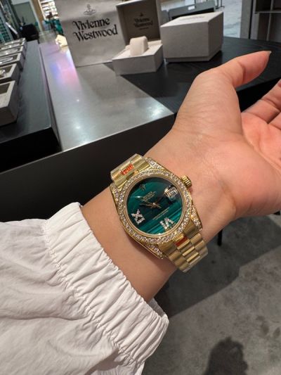 Rolex Datejust 904L Steel 31mm Swarovski Crystal Diamonds Case Green Face Women Watch